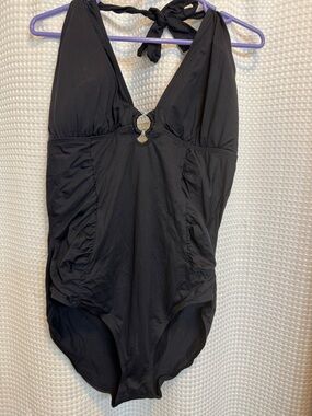 Boston Proper Black Halter One-Piece Swimsuit with Center Ring